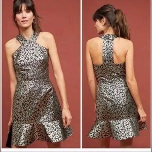 ANTHROPOLOGIE $230 Hutch Metallic Leopard Flounce Halter Twiggy Dress Size 4